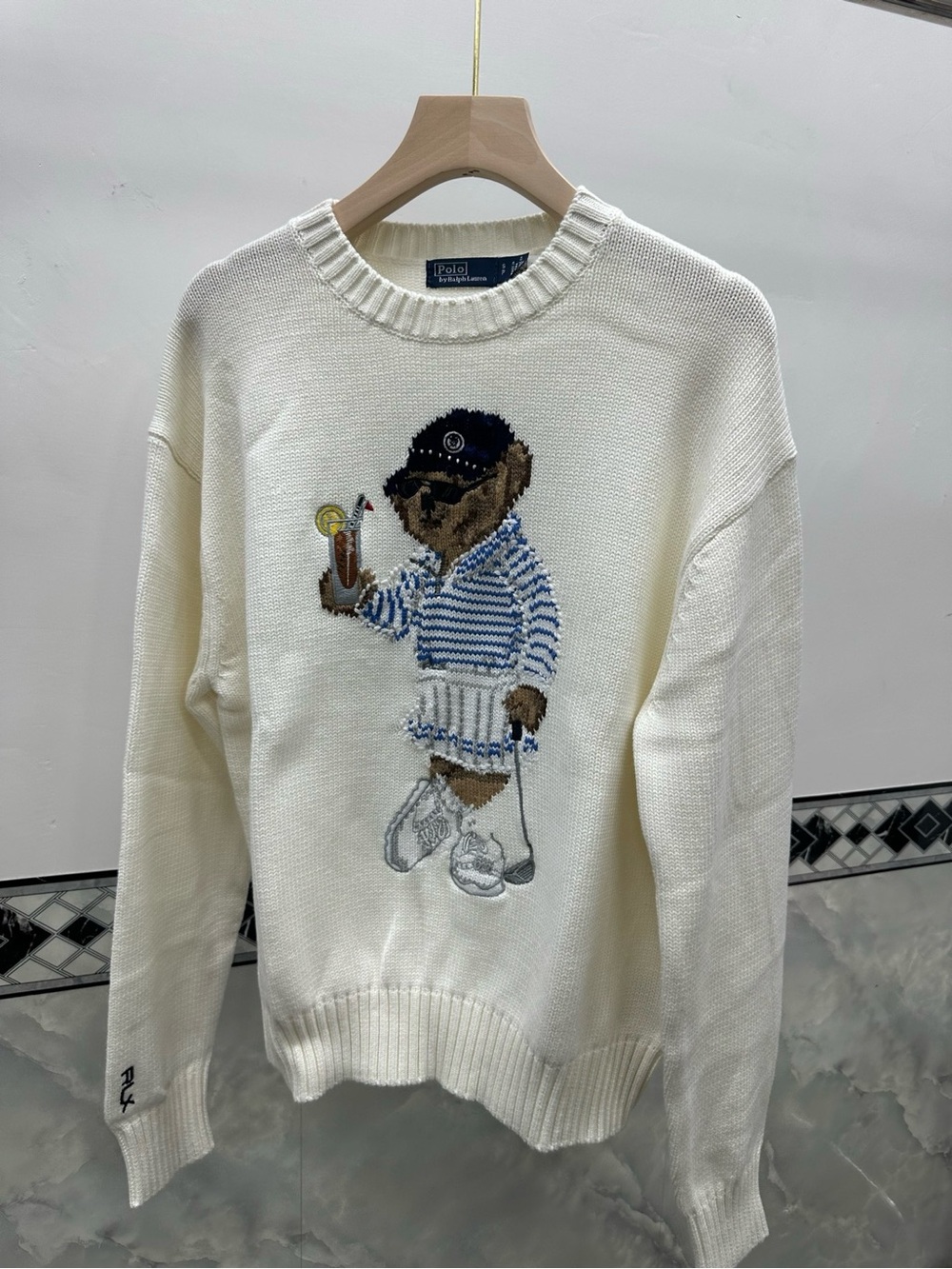 Polo by Ralph Lauren Cream Crewneck Sweater with Striped Bear Motif